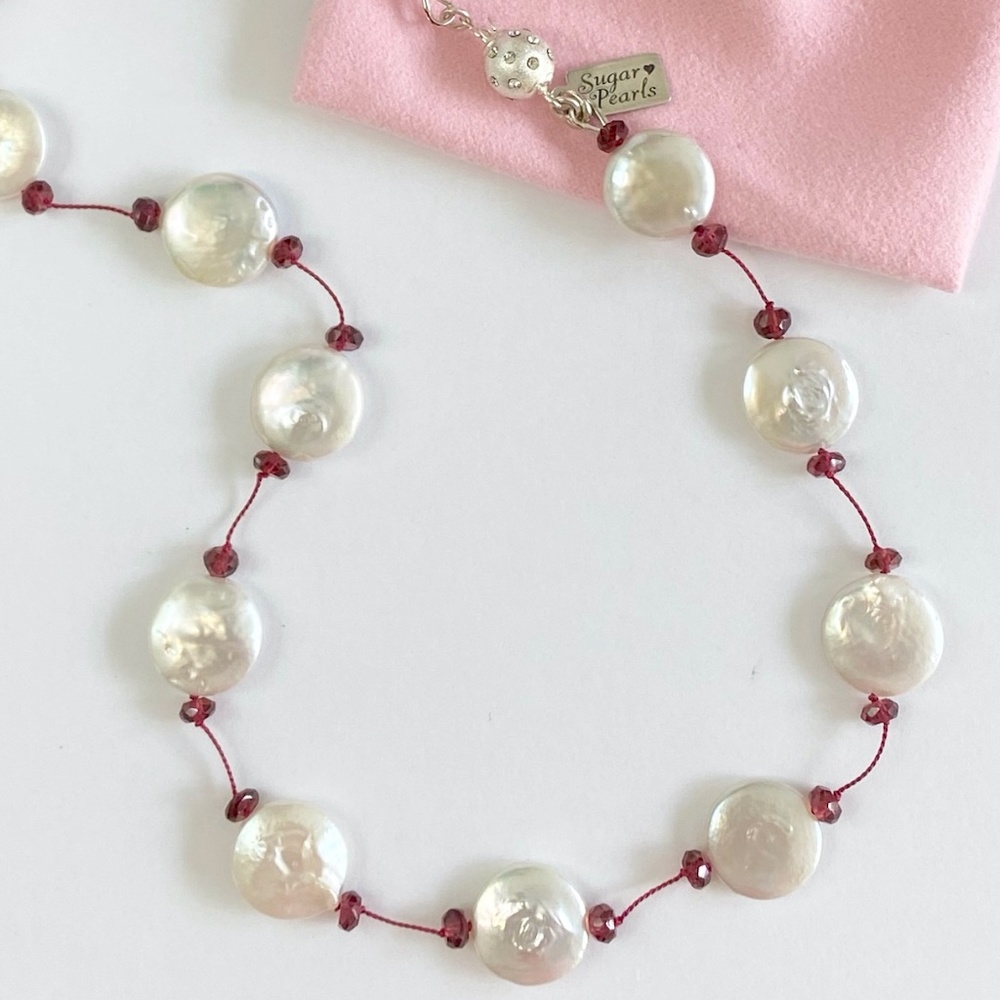 Tin Cup Coin Pearl & Garnet Necklace - Picture 4 of 6